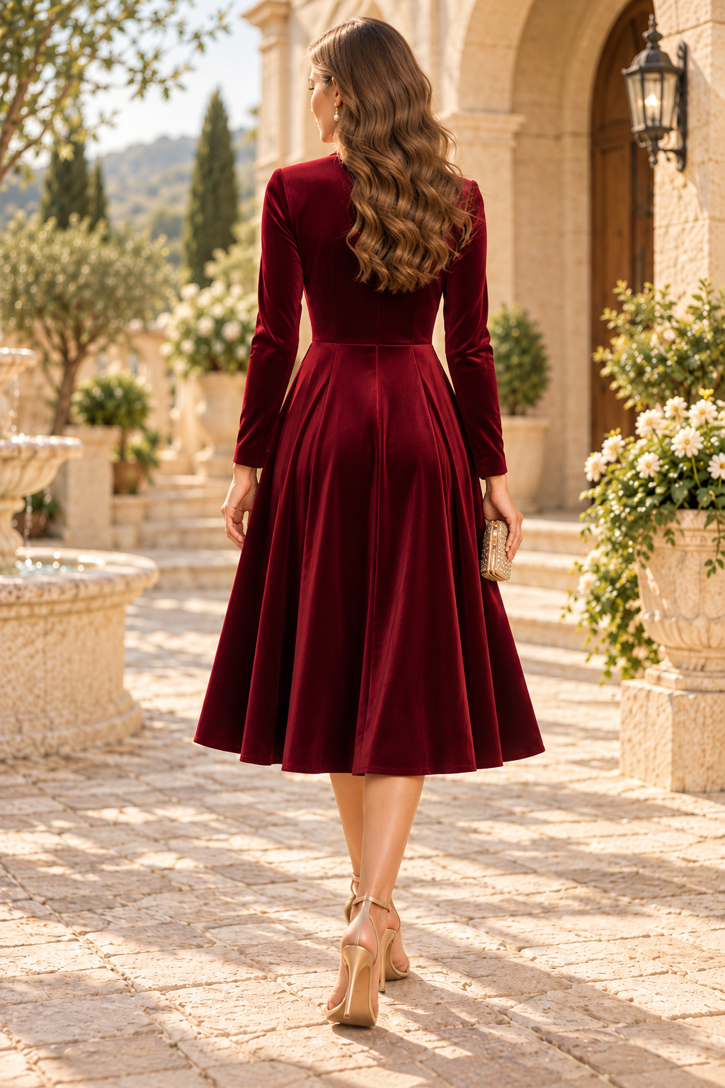 Velvet Lapel Midi Dress with Long Sleeves
