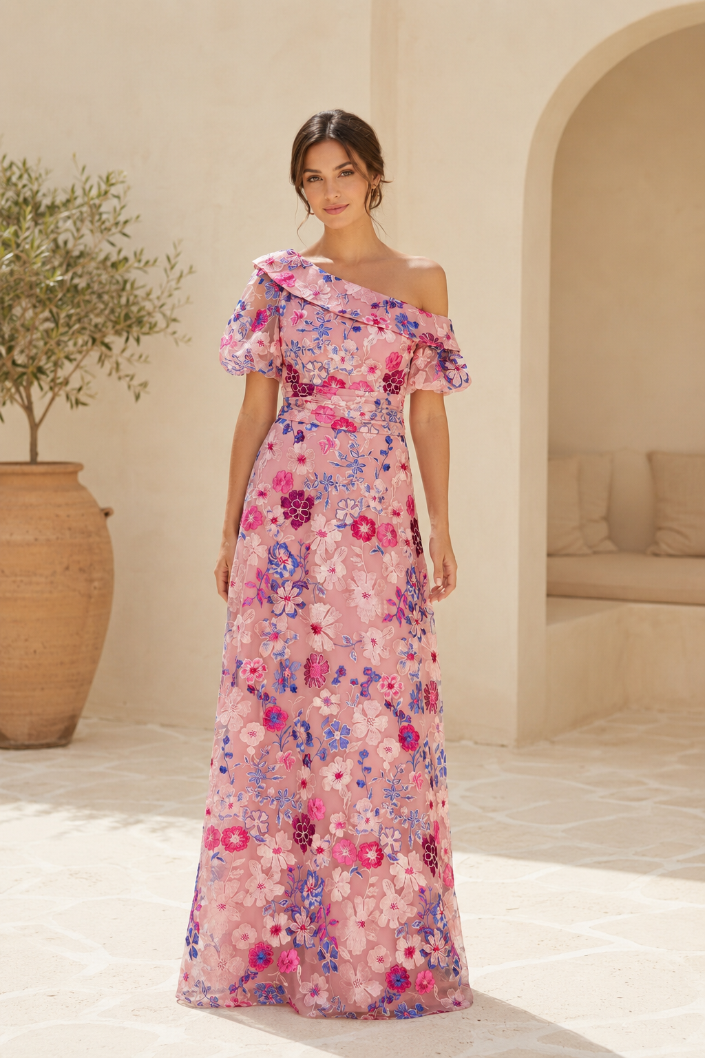 Ein-Schulter-Abendkleid in A-Linie mit Blumenstickerei