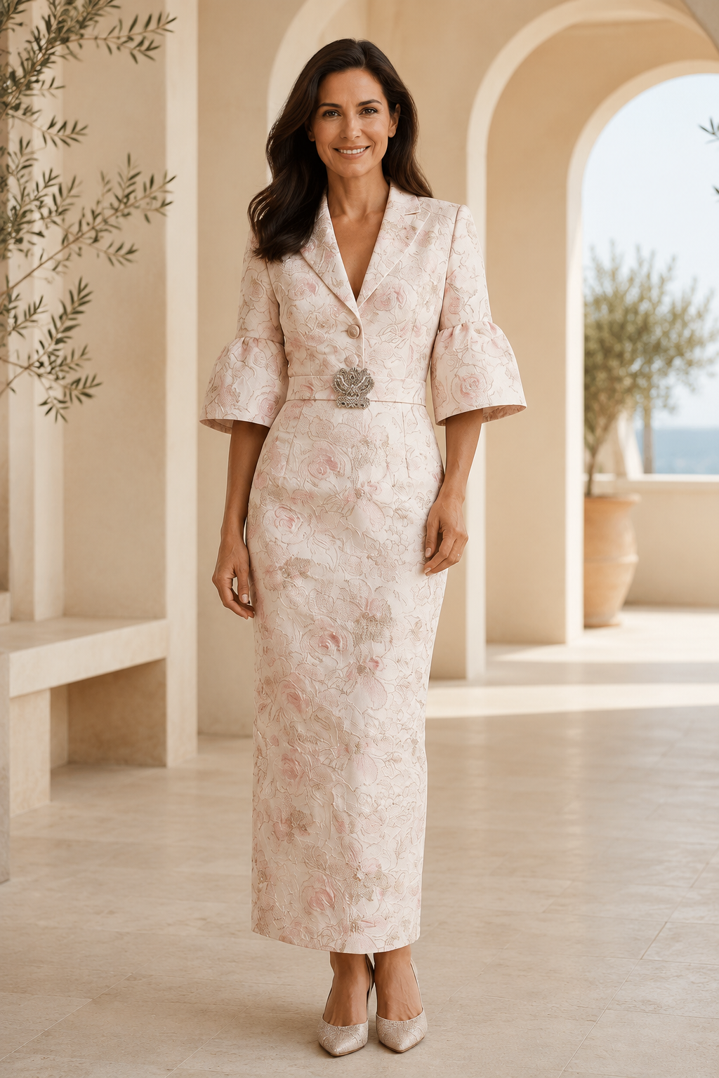 Geblümtes Jacquard-Kleid im Blazer-Stil mit Glockenärmeln