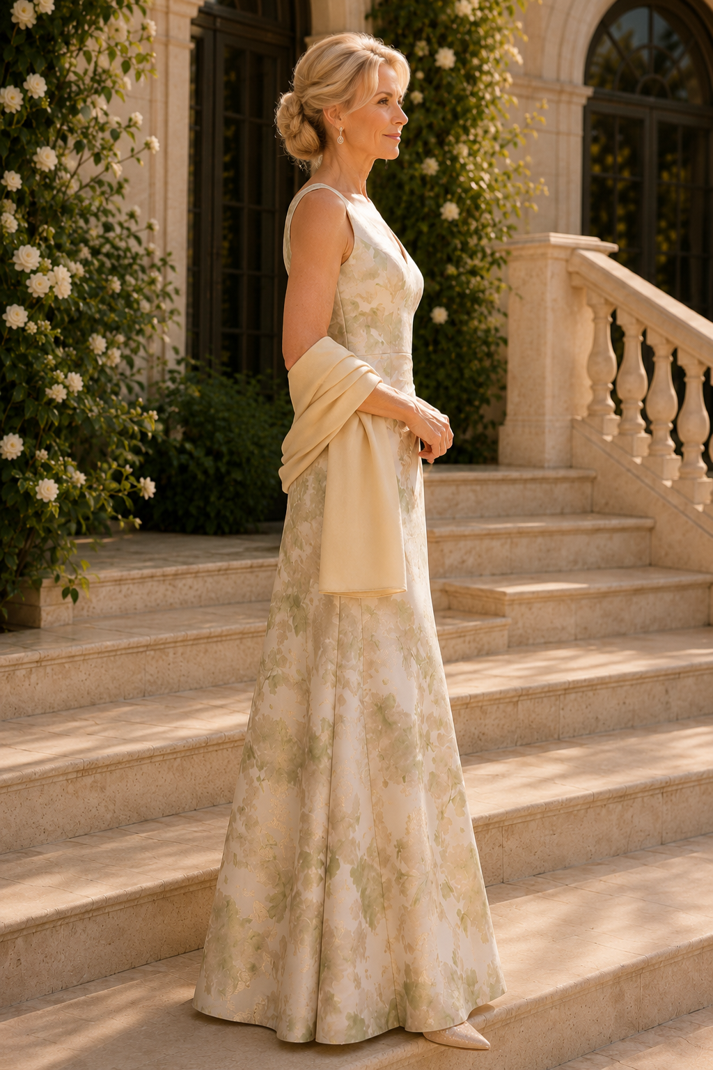 Ärmelloses Abendkleid aus Jacquard mit Blumenmuster