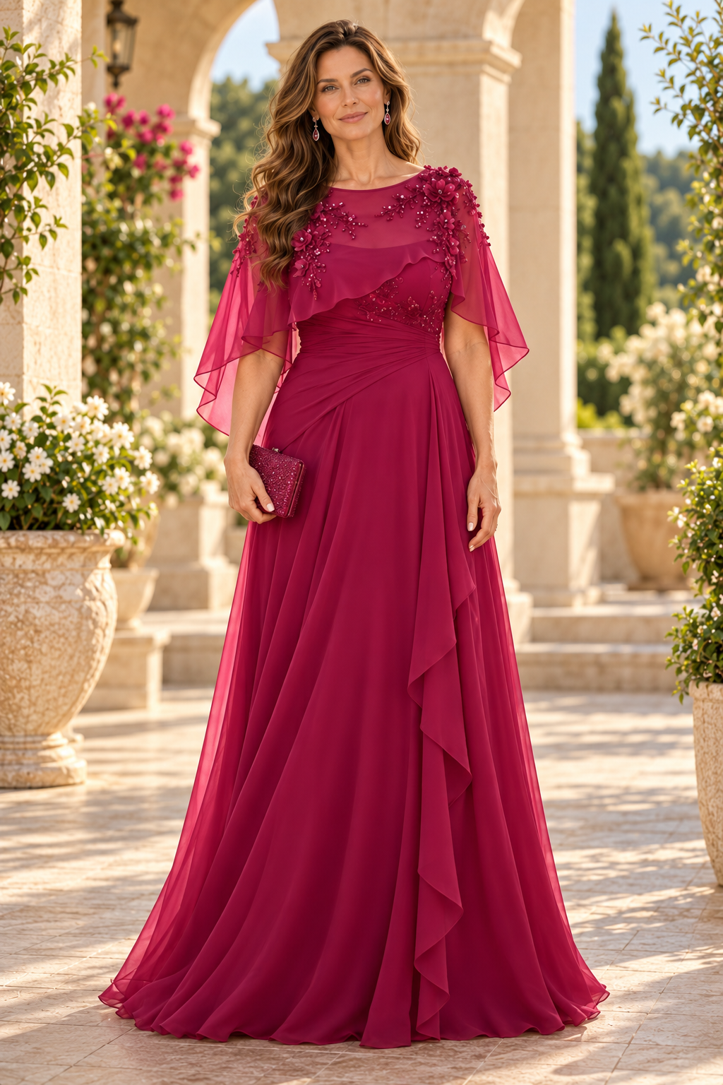 A-Line Capelet Evening Gown with Beaded Florals