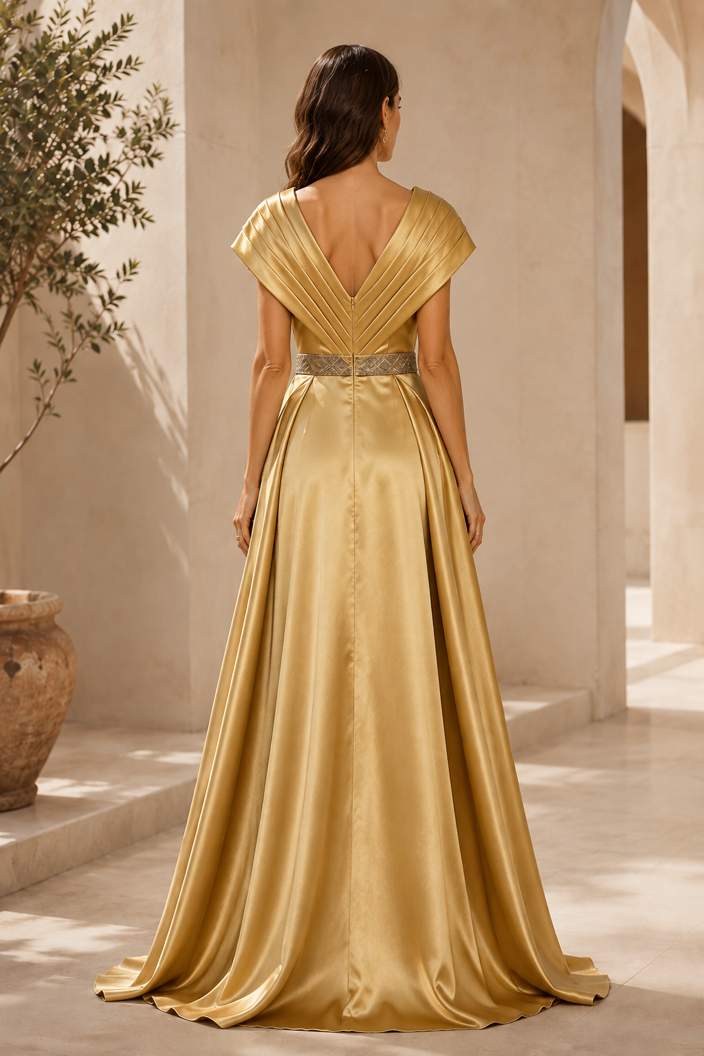 Plissiertes Satin-Abendkleid mit Perlenstickerei am Gürtel