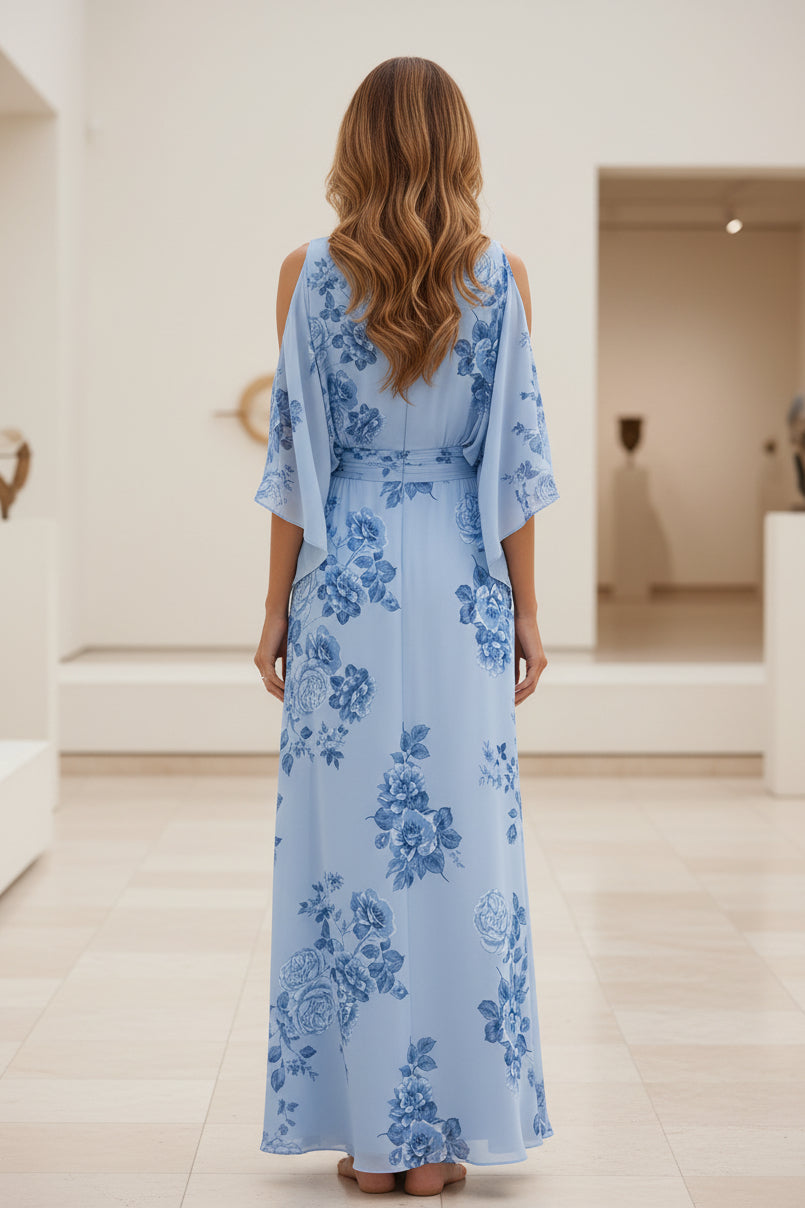 Geblümtes schulterfreies Maxikleid mit Taschen