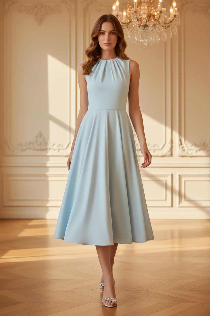 Plissiertes hochgeschlossenes A-Linien-Midikleid