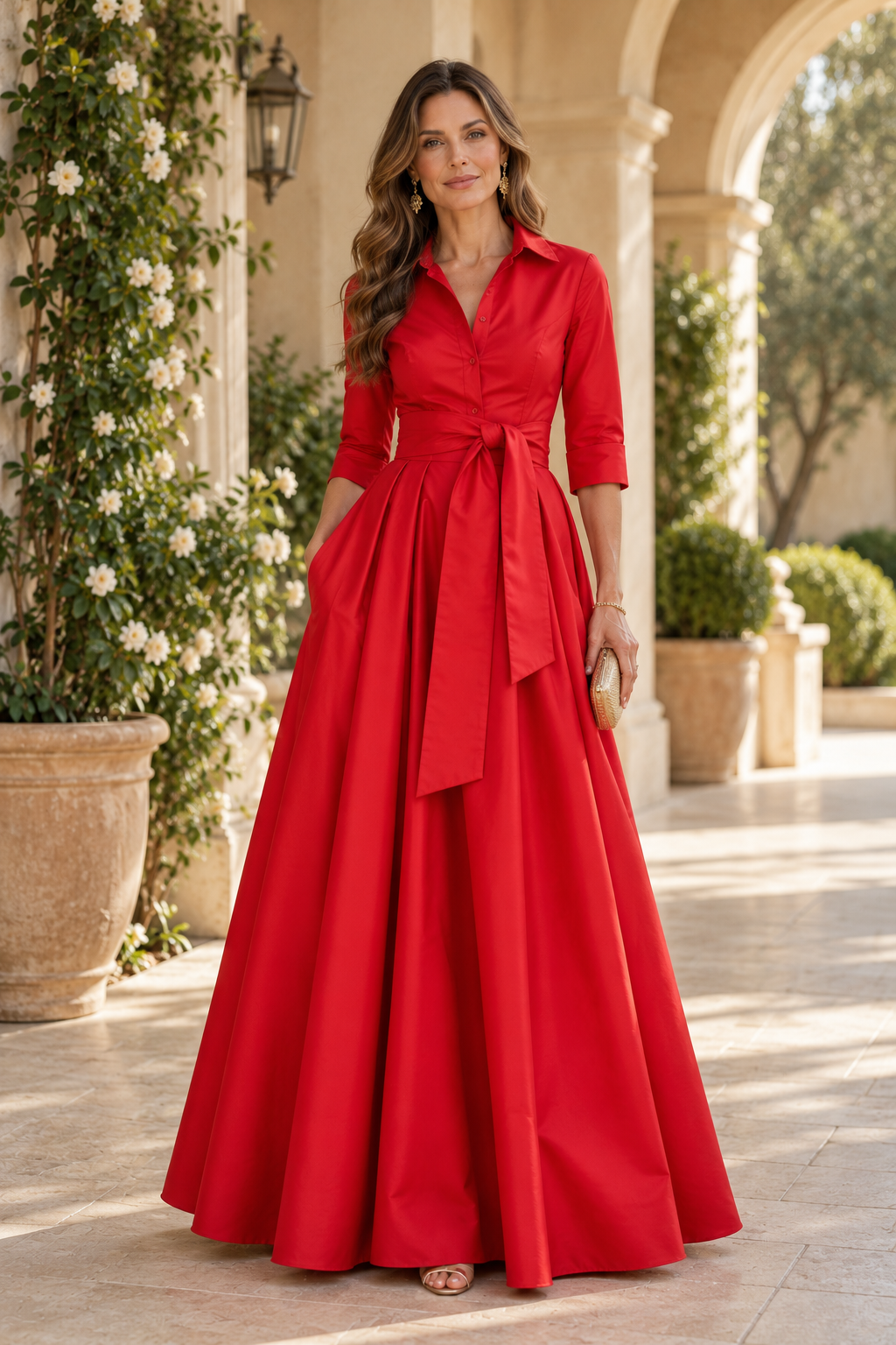 Collared Shirtdress Gown with Tie Waist