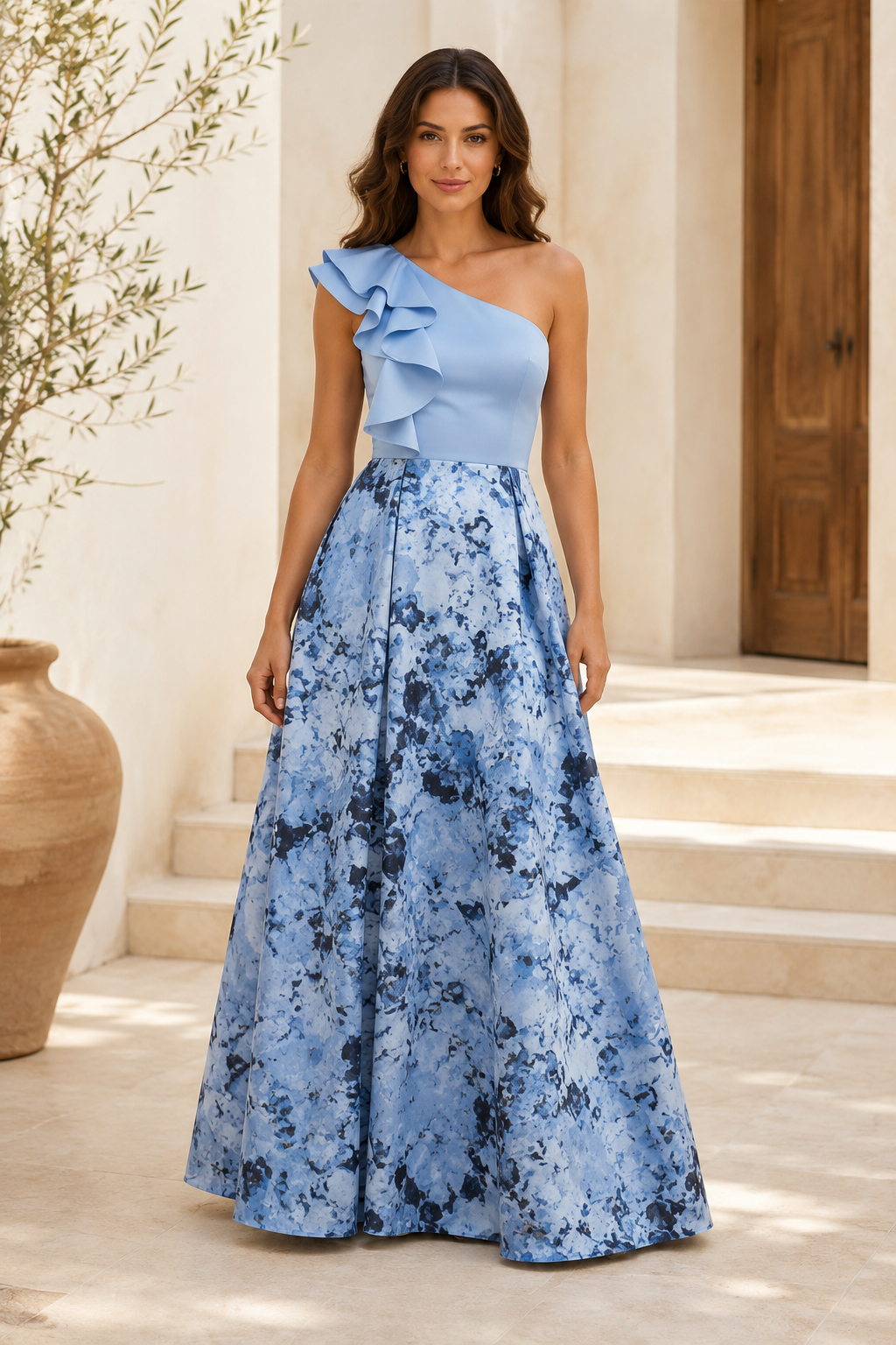 Etuikleid mit Rüschen, Blumenmuster und One-Shoulder-Träger