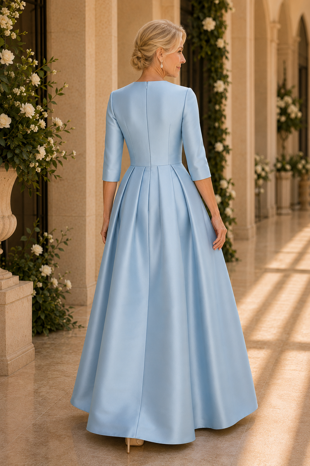 Plissiertes Satin-Abendkleid mit tiefem V-Ausschnitt und 3/4 Ärmeln in A-Linie