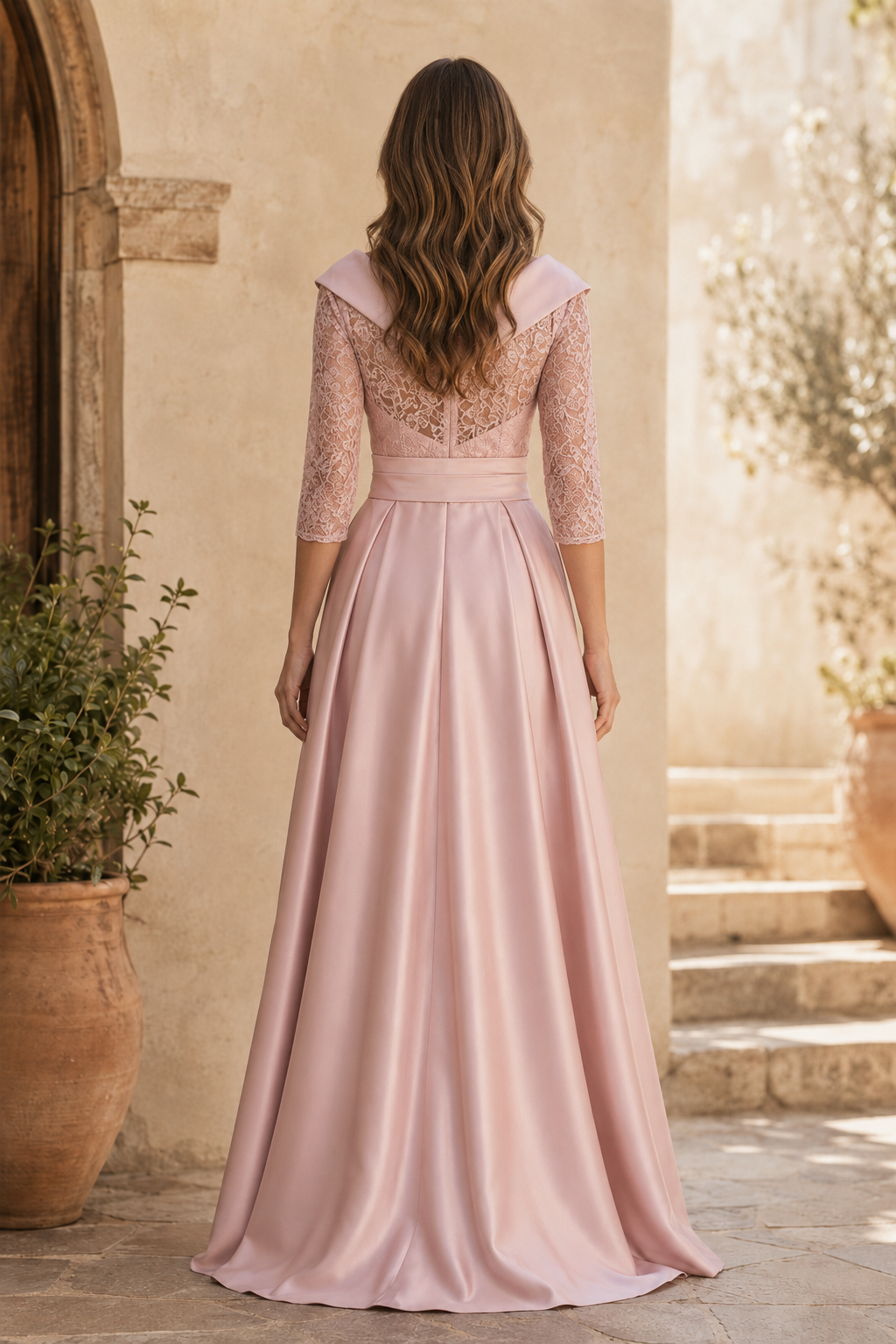Abendkleid aus Spitze mit A-Linie und Schärpe