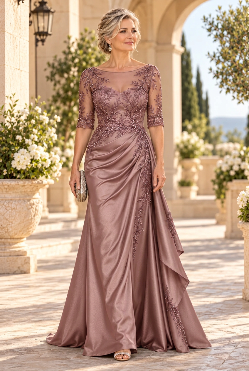 Embroidered Illusion Neckline Satin Gown