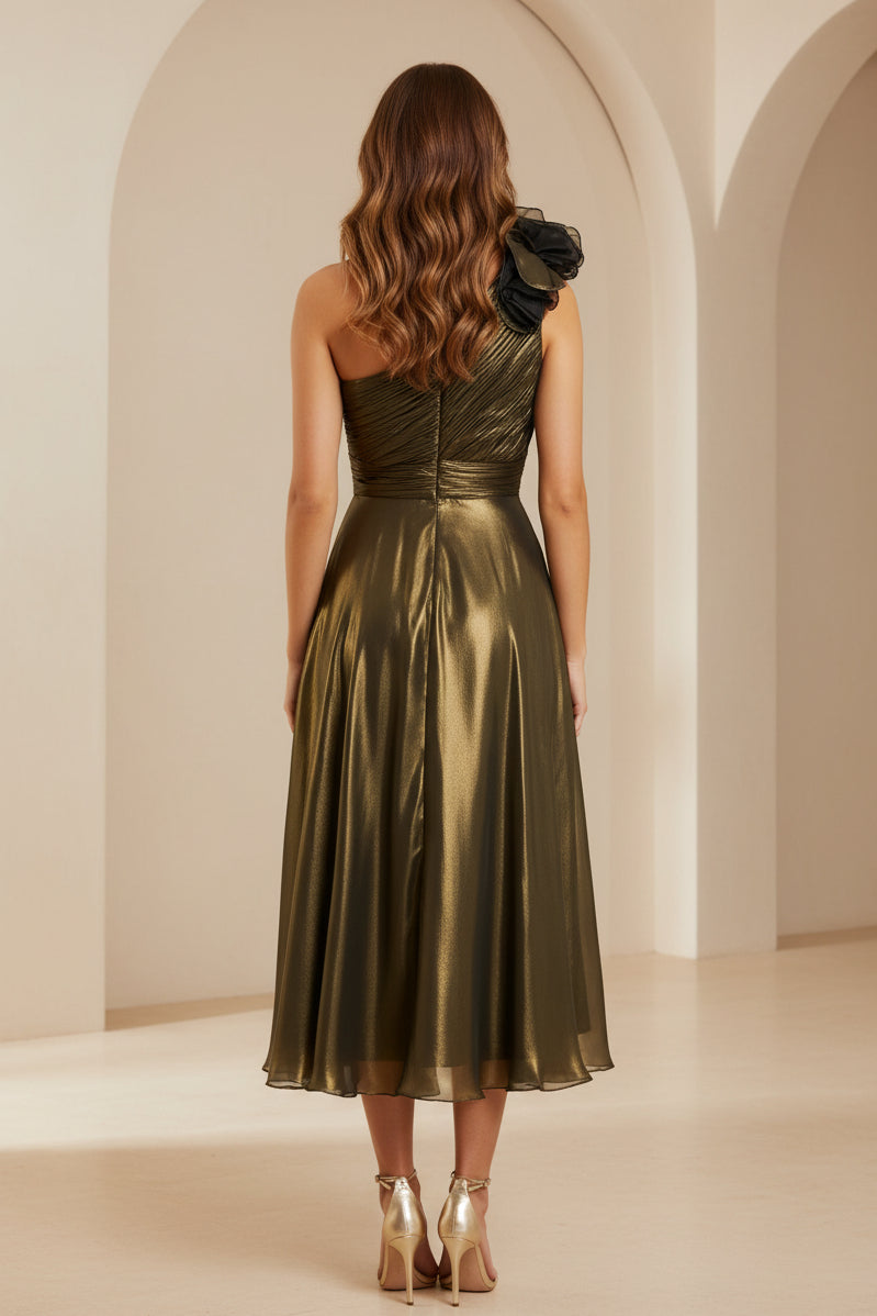 Plissiertes Metallic-Midi-Kleid mit One-Shoulder-Träger