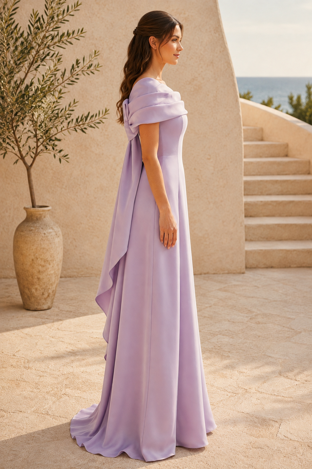 Schulterfreies Satin-Kleid mit Schleife am Rücken