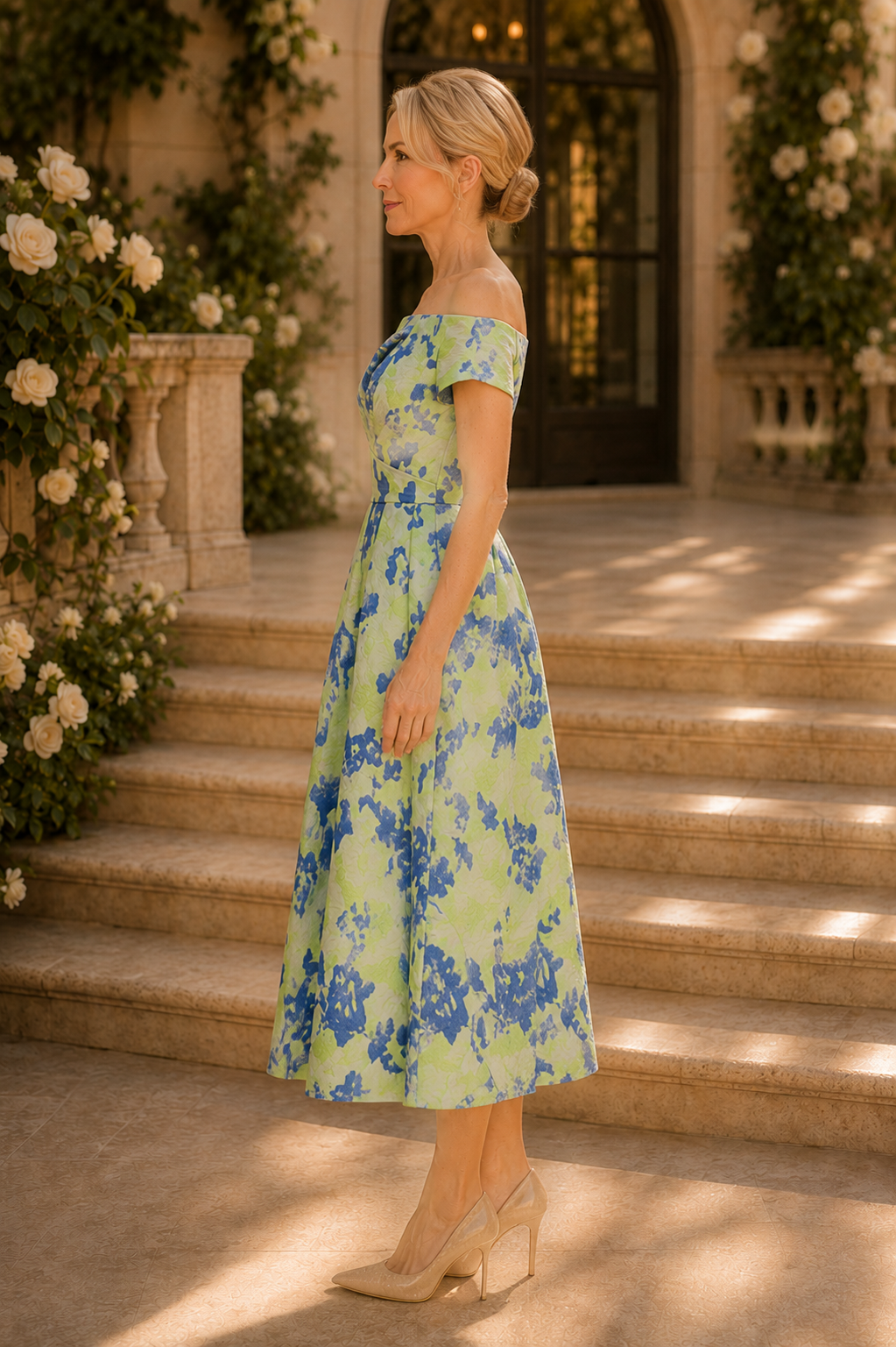 Plissiertes Midi-Jacquardkleid mit Blumenmuster und Carmenausschnitt