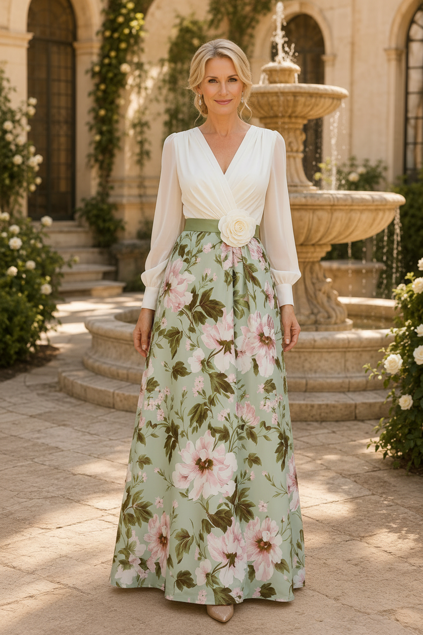 Geblümtes A-Linien-Maxikleid mit langen Ärmeln