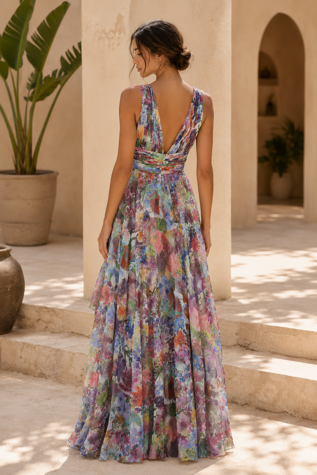 Geblümtes plissiertes Maxikleid mit Vokuhila-Saum