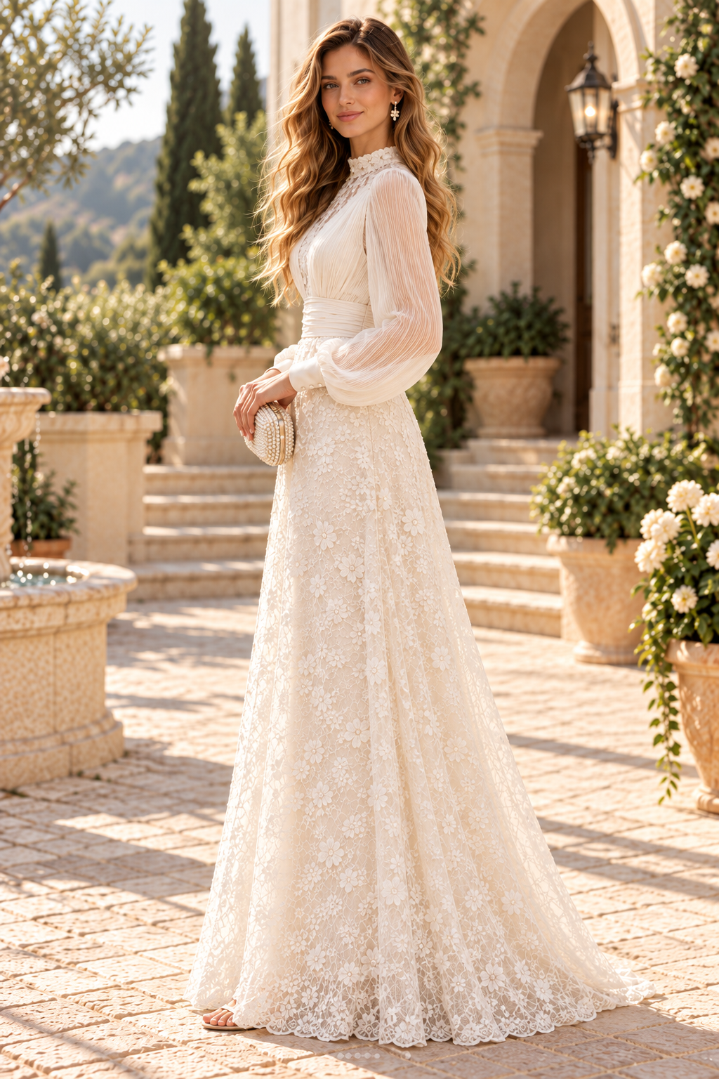 Lace A-Line Gown with Bishop Sleeves