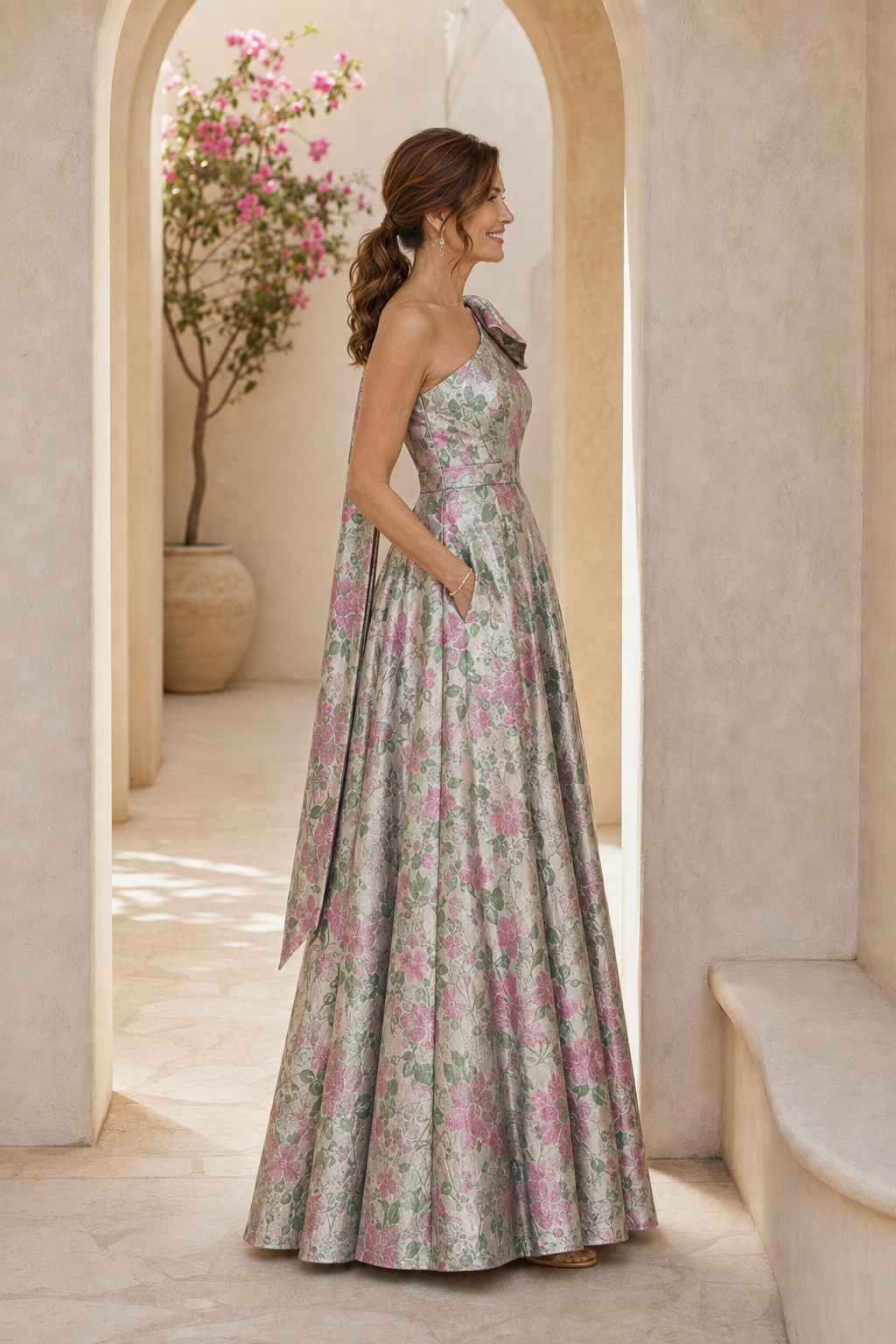 Blumiges A-Linien-Kleid aus Jacquard mit einer Schulter