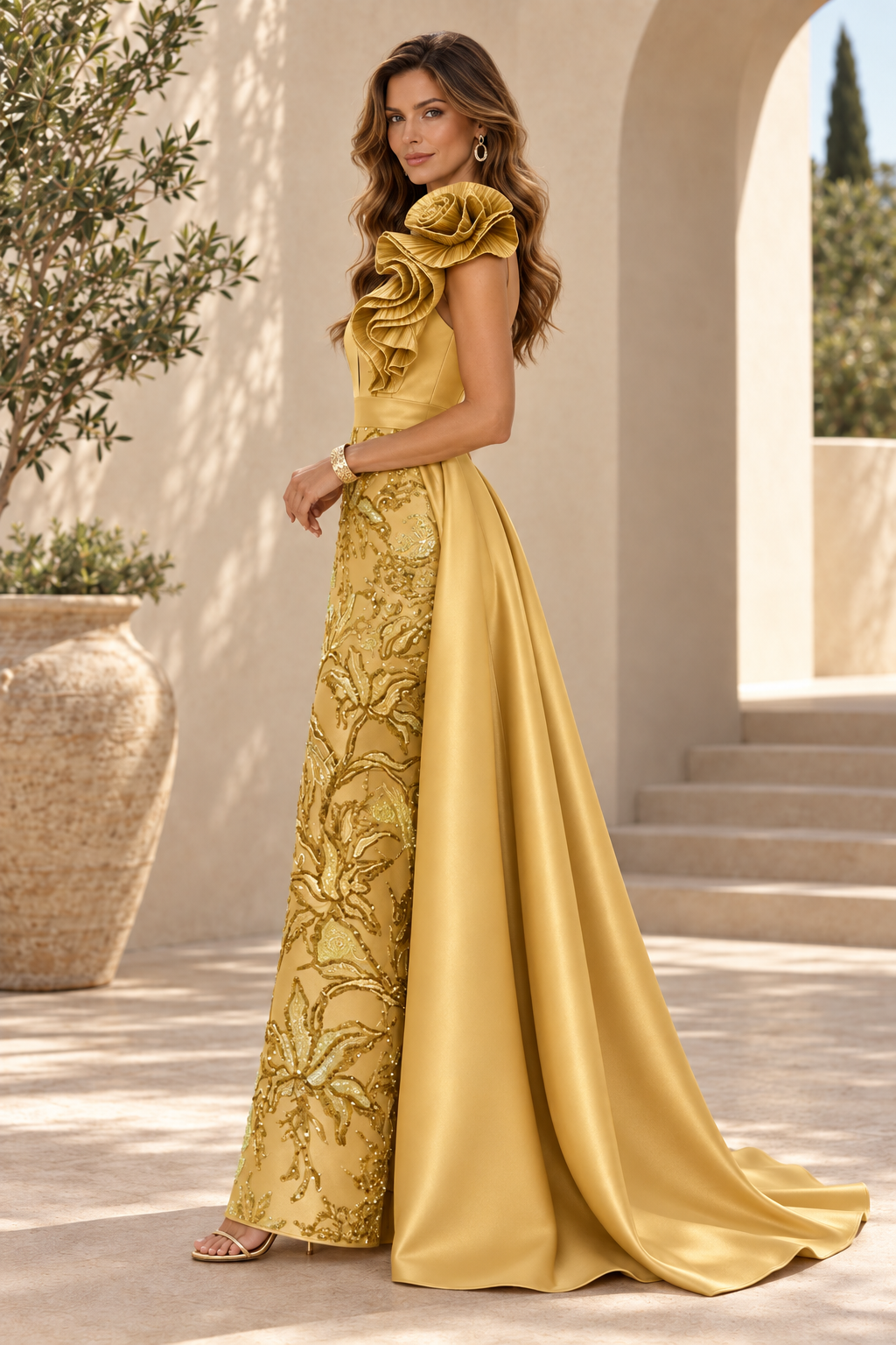 Sequin Sheath Evening Gown with Rosette & Overskirt