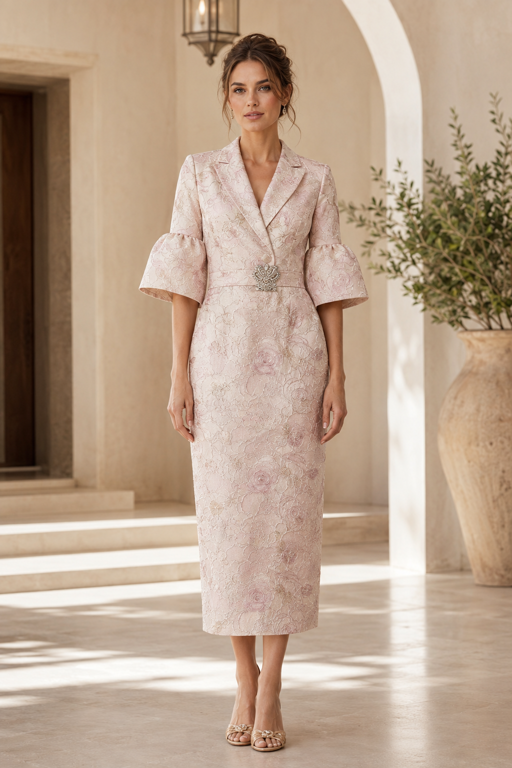 Blumen-Jacquard-Midikleid mit Glockenärmeln
