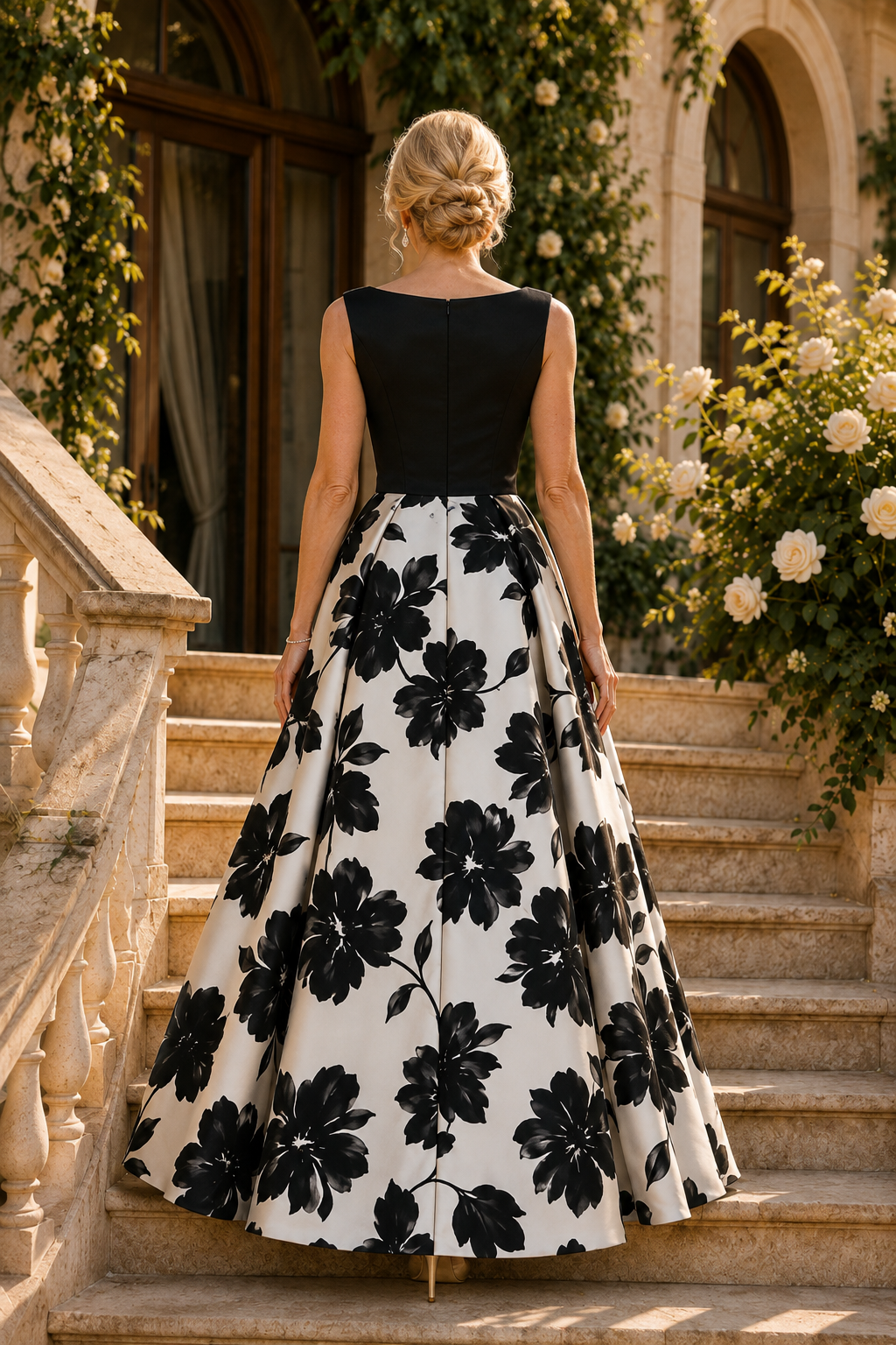 Ärmelloses Ballkleid mit U-Boot-Ausschnitt und Blumenmuster
