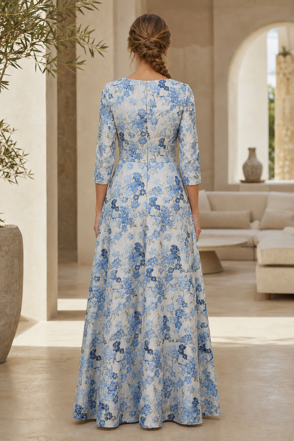 Florales Jacquard-A-Linien-Kleid mit 3/4-Ärmeln
