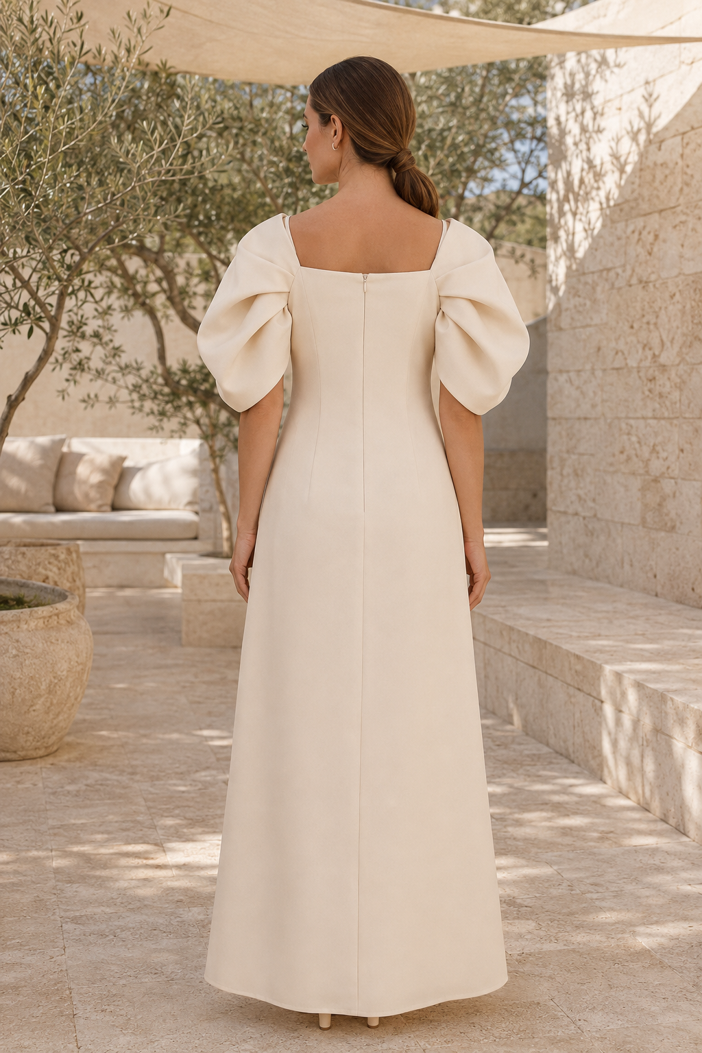 A-Linien-Kleid mit eckigem Ausschnitt, Puffärmeln und 3D-Blumen