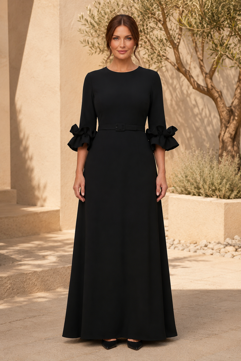 Gürtel-Maxikleid in A-Linie mit Rüschenärmeln