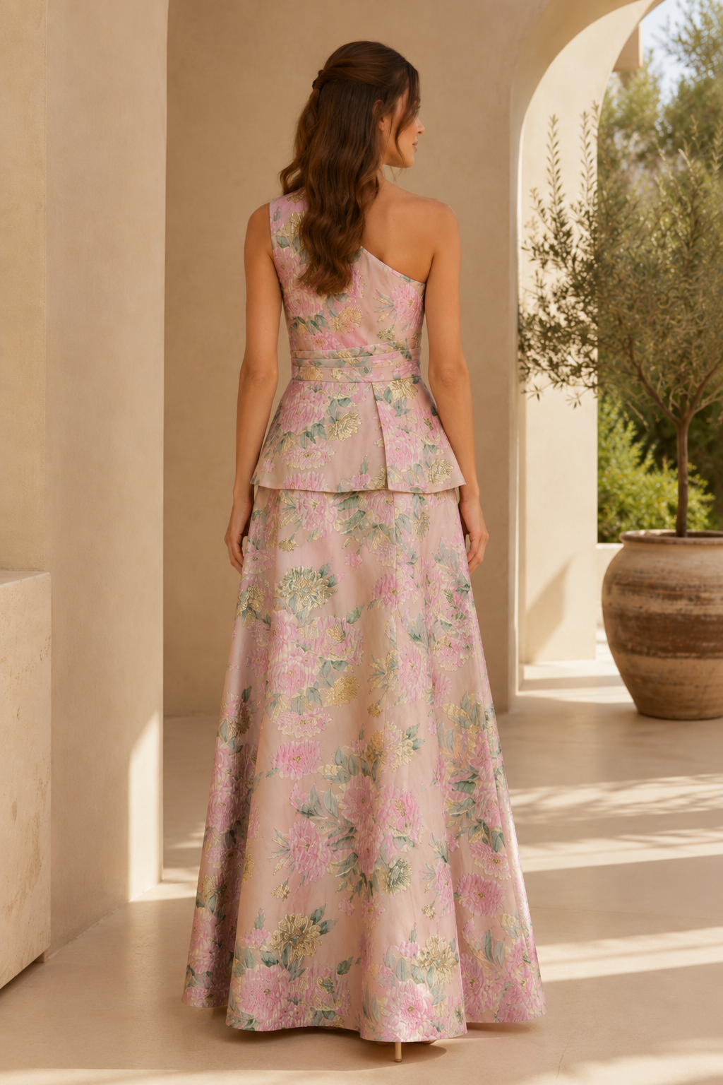 Asymmetrische geblümte Jacquard-Peplum-Robe