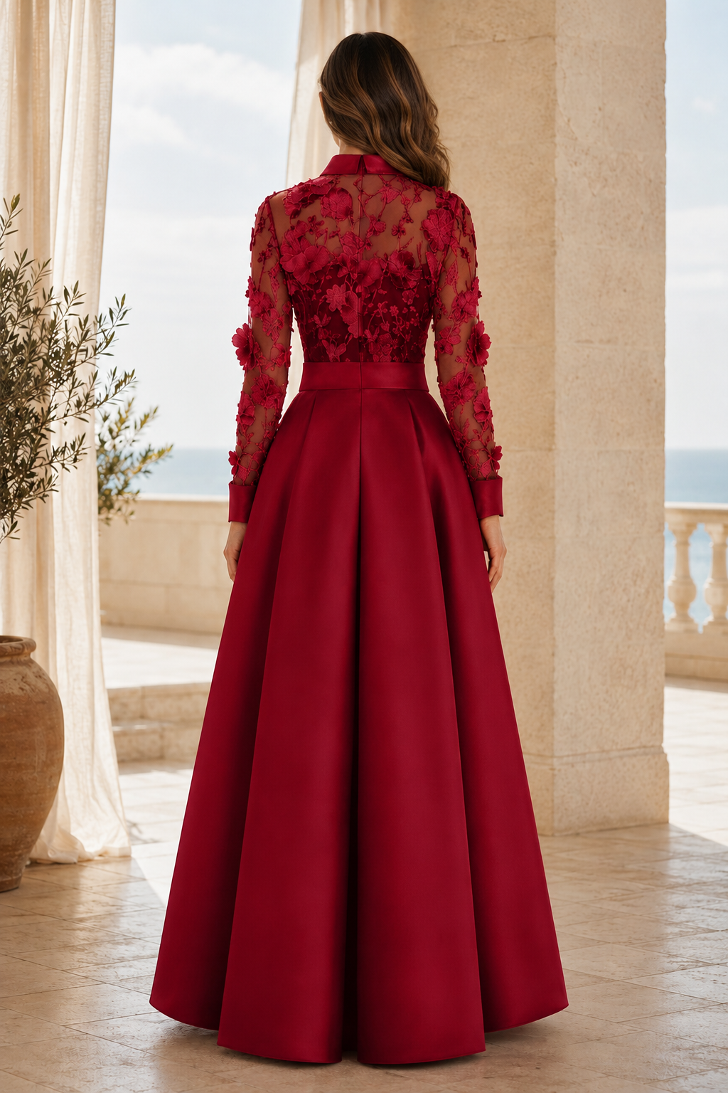 3D-Blumen-Spitzenhemdkleid mit High-Low-Rock