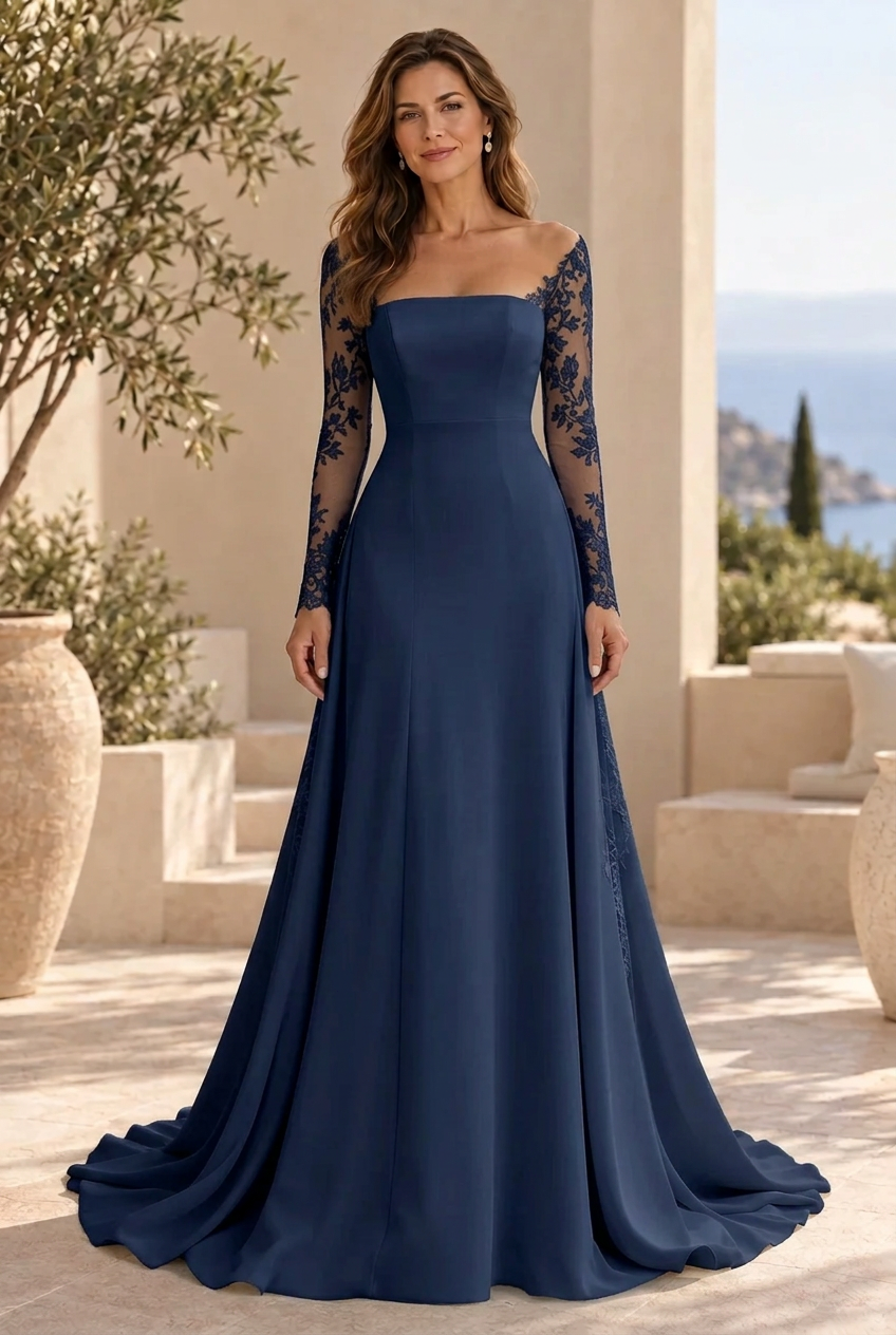 Illusion Long Sleeve A-Line Gown with Lace Insets