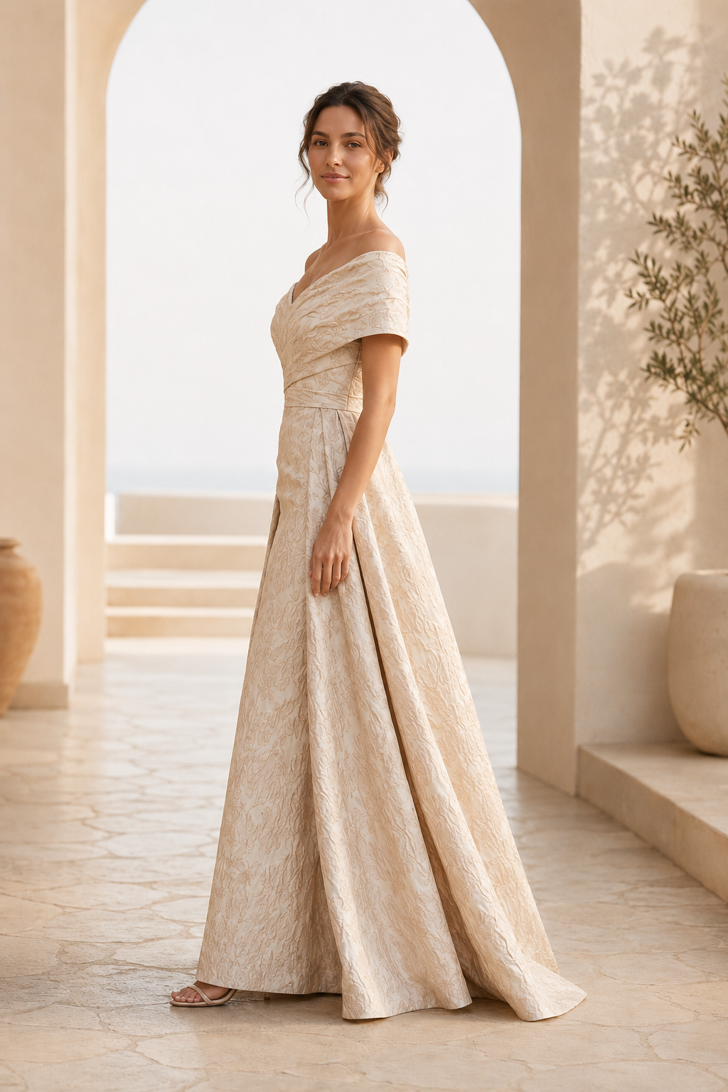 Off-Shoulder Jacquard A-Linien-Kleid mit plissiertem Oberteil