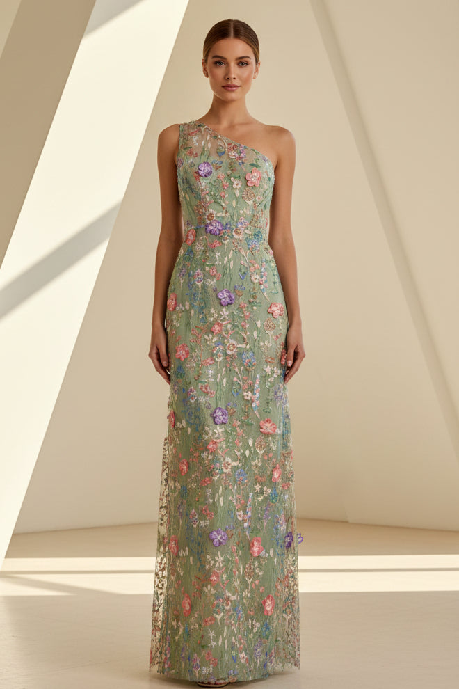 Besticktes florales One-Shoulder-Abendkleid