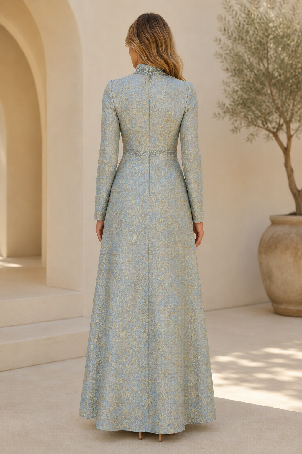 Hochgeschlossenes Jacquard A-Linien-Kleid mit Perlenstickerei