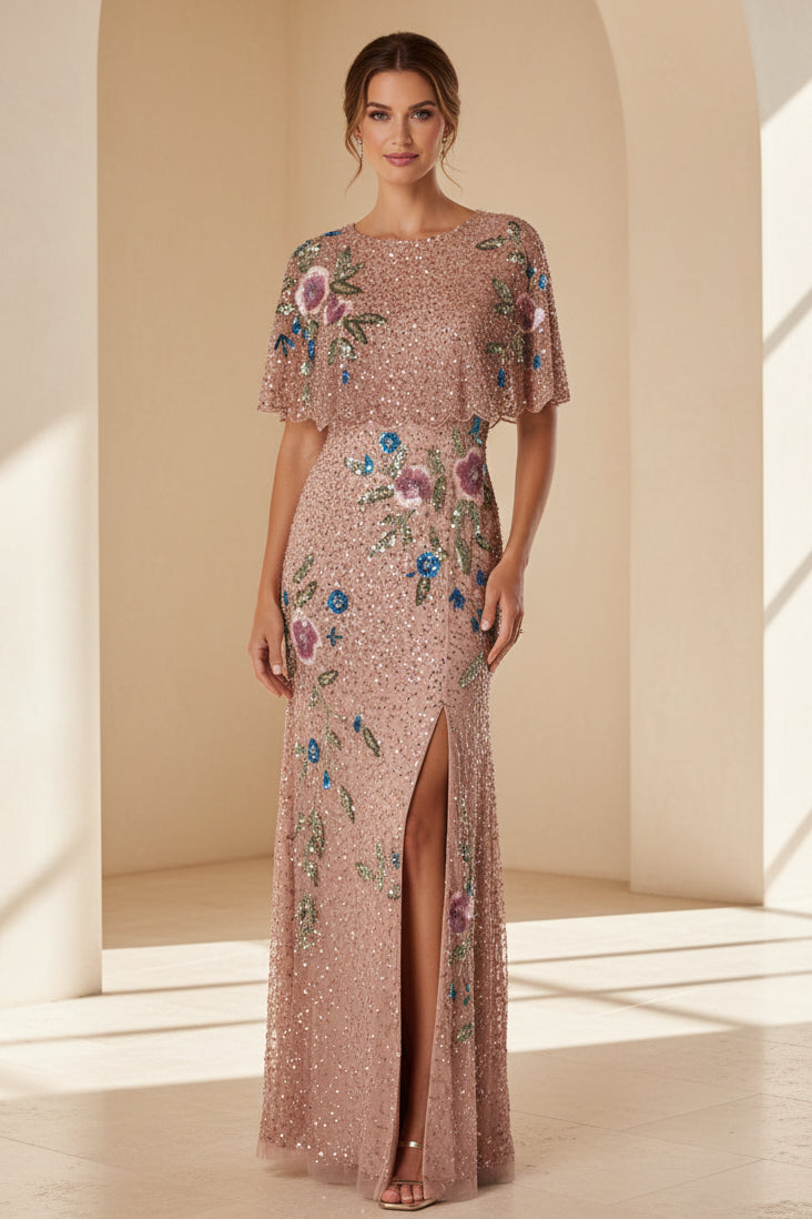 Säulenkleid mit Perlen-Capelet und Blumenstickerei