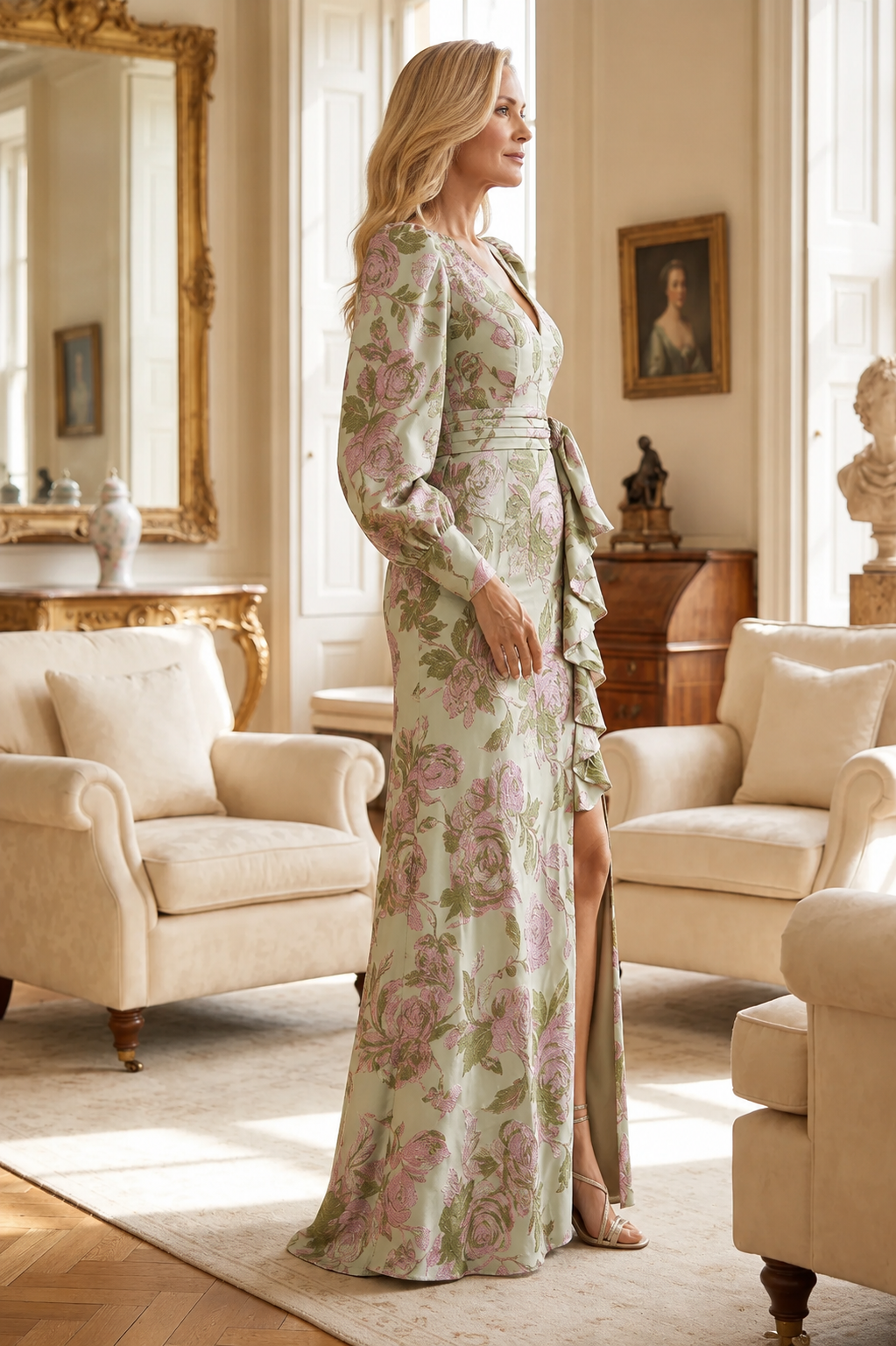 Langärmelige Jacquard-Robe mit Blumenmuster und hohem Schlitz