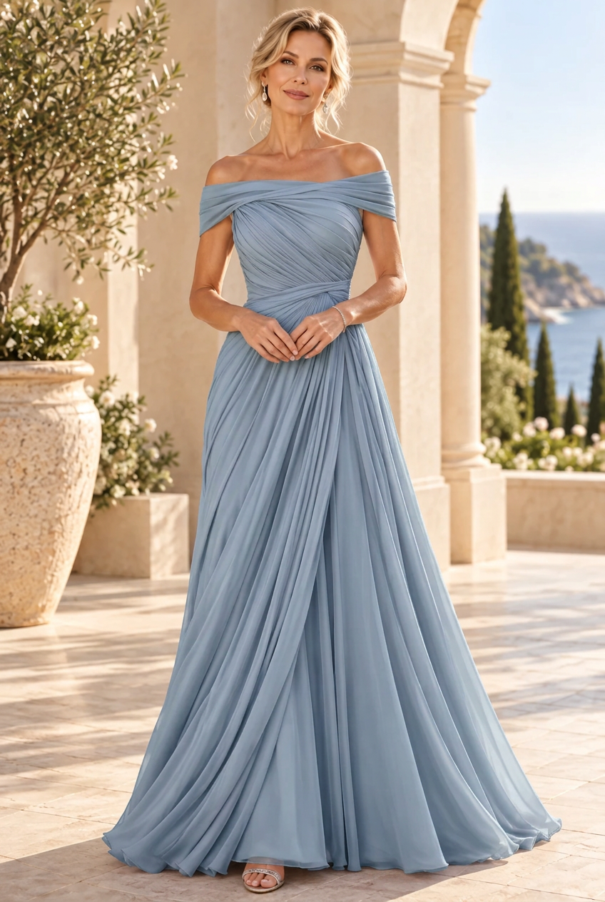 Off-the-Shoulder Pleated Chiffon A-Line Gown