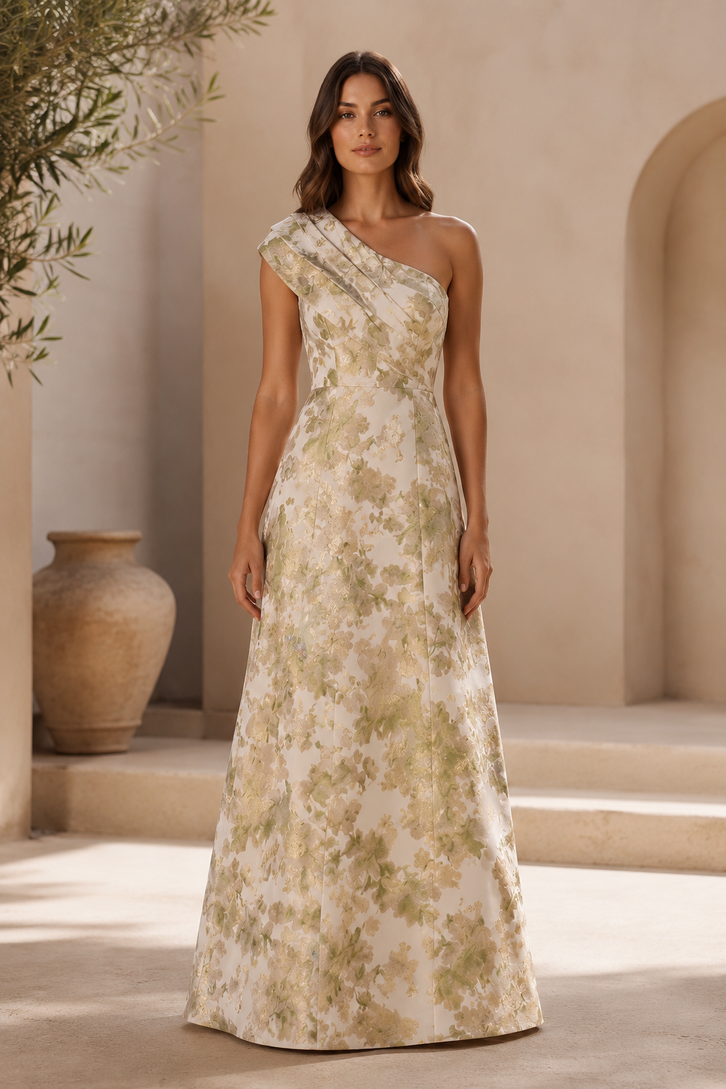 One-Shoulder-Abendkleid mit Blumen-Jacquard in A-Linie