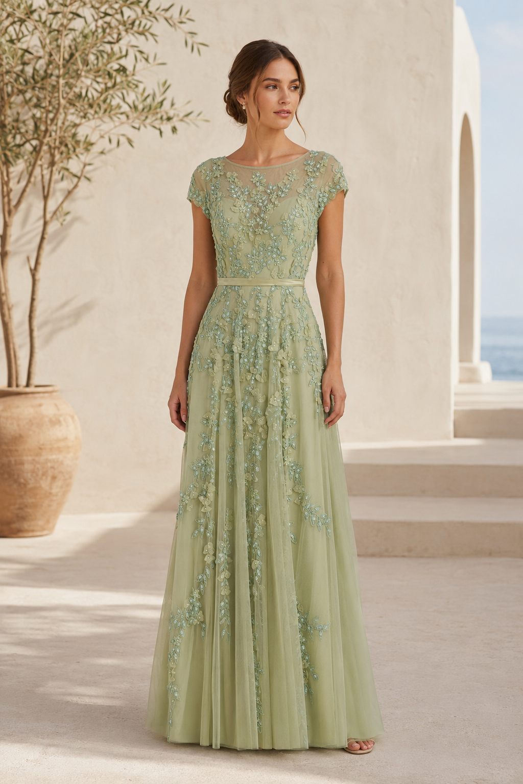 Abendkleid aus Tüll in A-Linie mit floraler Spitzen-Illusion