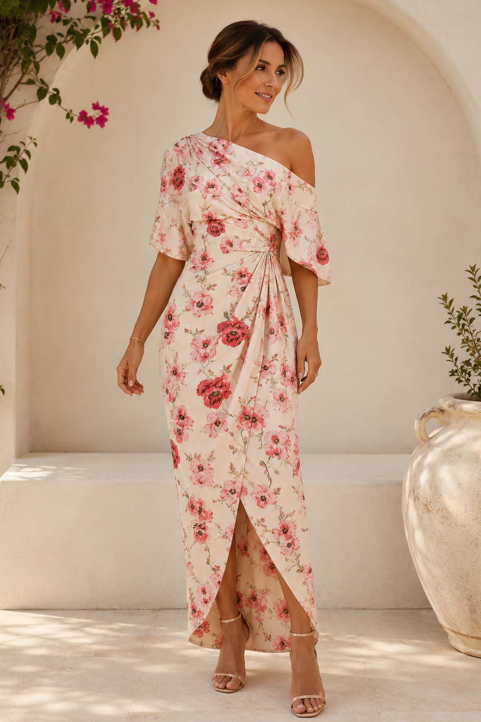 Ein schulterfreies Maxikleid mit Blumenmuster