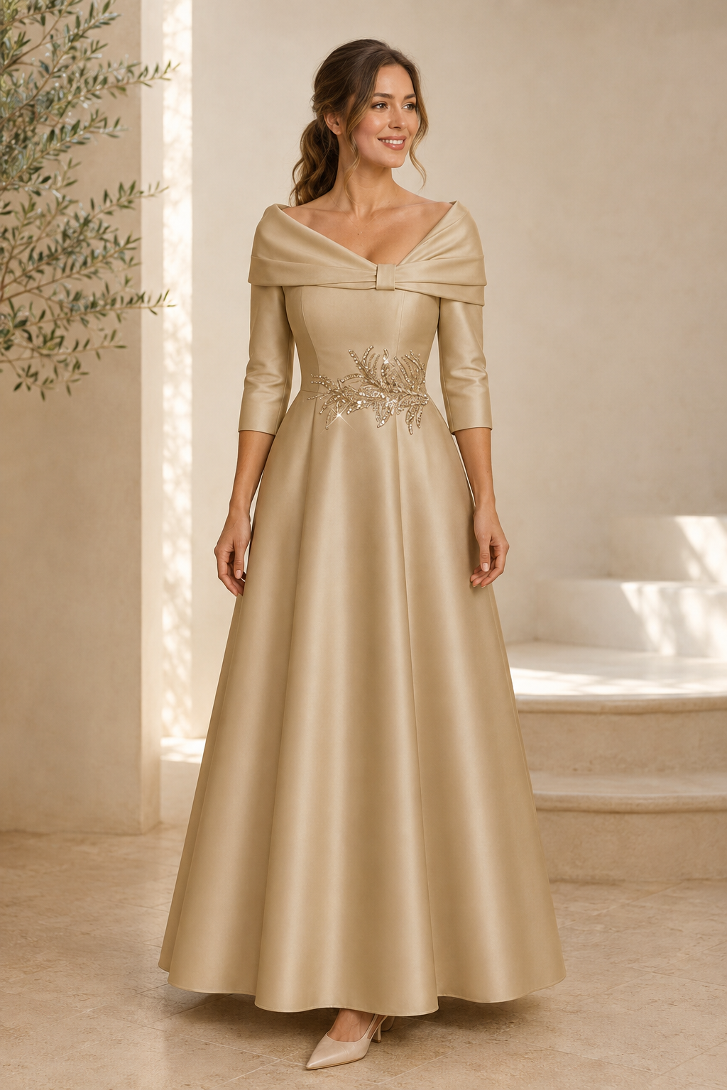 Carmen-Ausschnitt, 3/4 Ärmel, A-Linien-Kleid mit Applikationen
