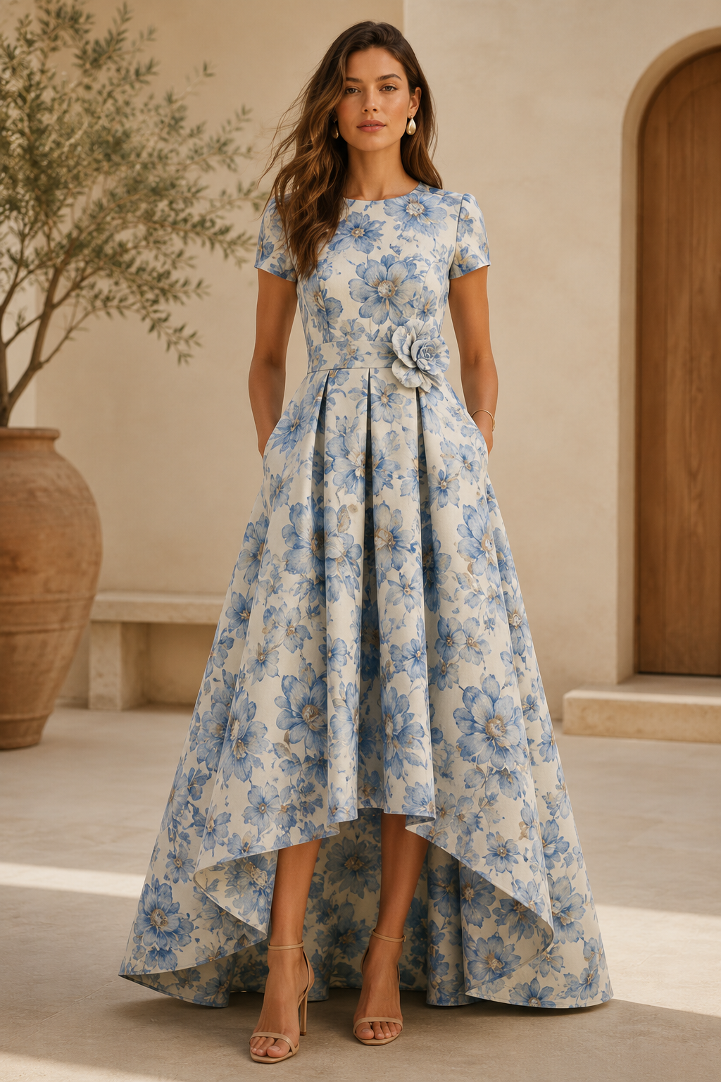 Florales Vokuhila-A-Linien-Kleid mit 3D-Blume