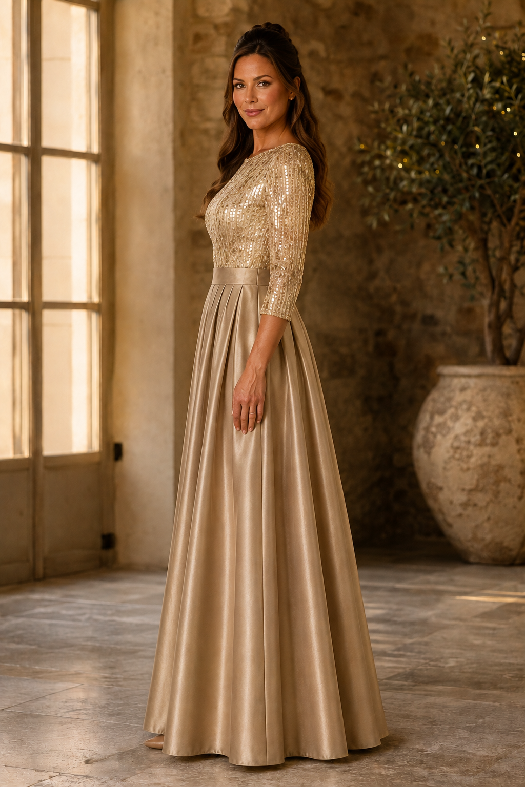 Plissiertes A-Linien-Kleid mit Pailletten-Oberteil und 3/4-Ärmeln