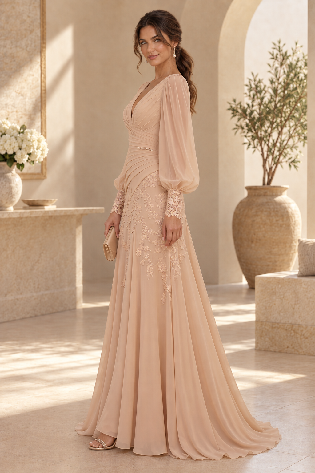 Ruched V-Neck Gown with Bishop Sleeves and Lace