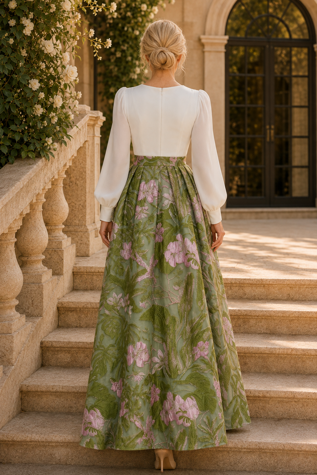 Langärmeliges Jacquard-Ballkleid mit 3D-Blumenapplikationen