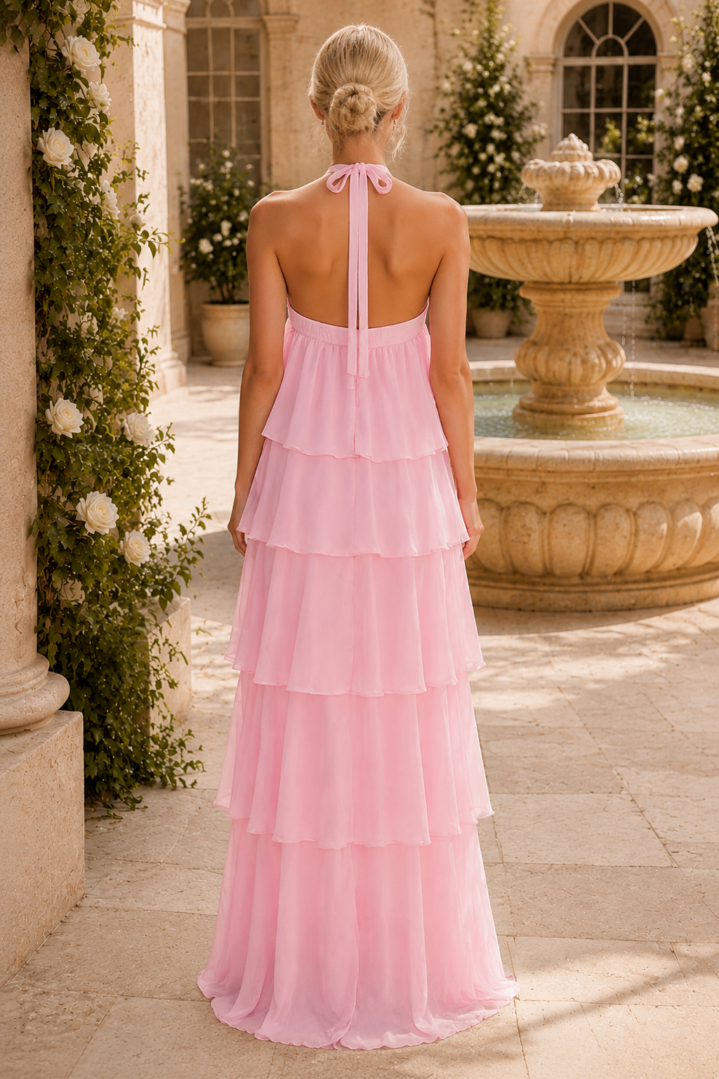 Gestuftes Neckholder-Maxikleid mit Rosettenapplikation