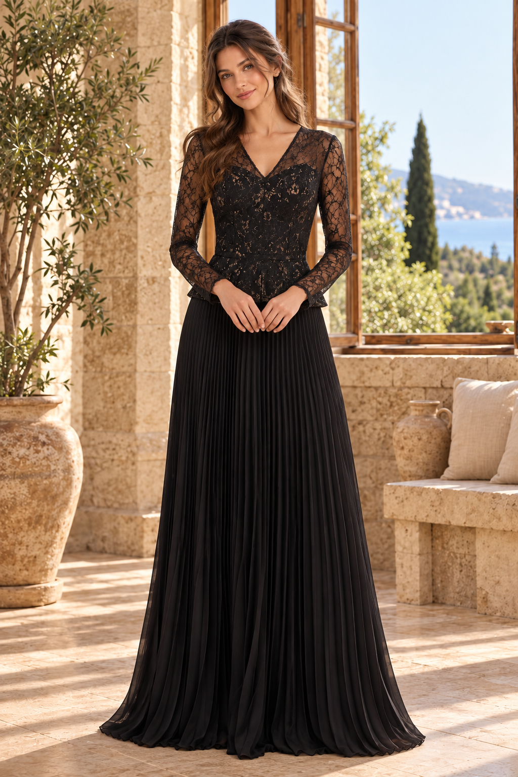Lace Peplum Bodice Pleated Gown