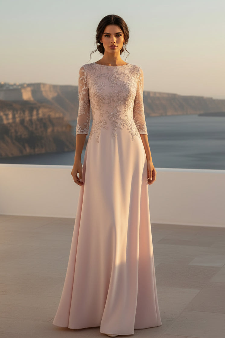 Abendkleid aus Chiffon mit 3/4-Arm und Spitze