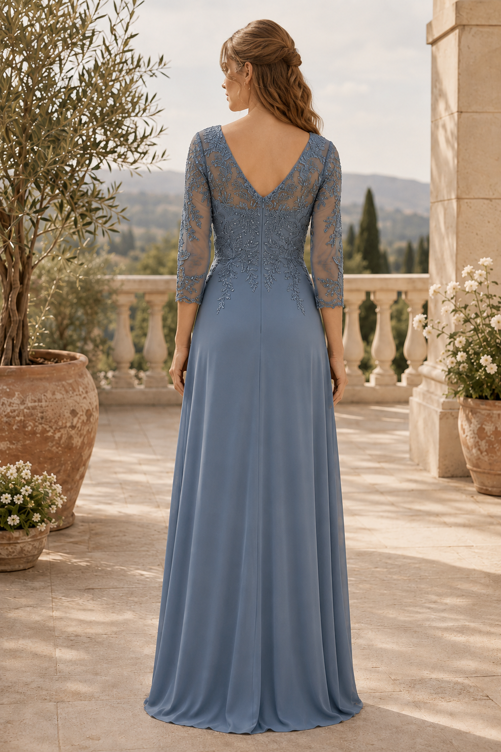 Maxikleid mit Spitzenoberteil, 3/4-Ärmeln und Drapierungen