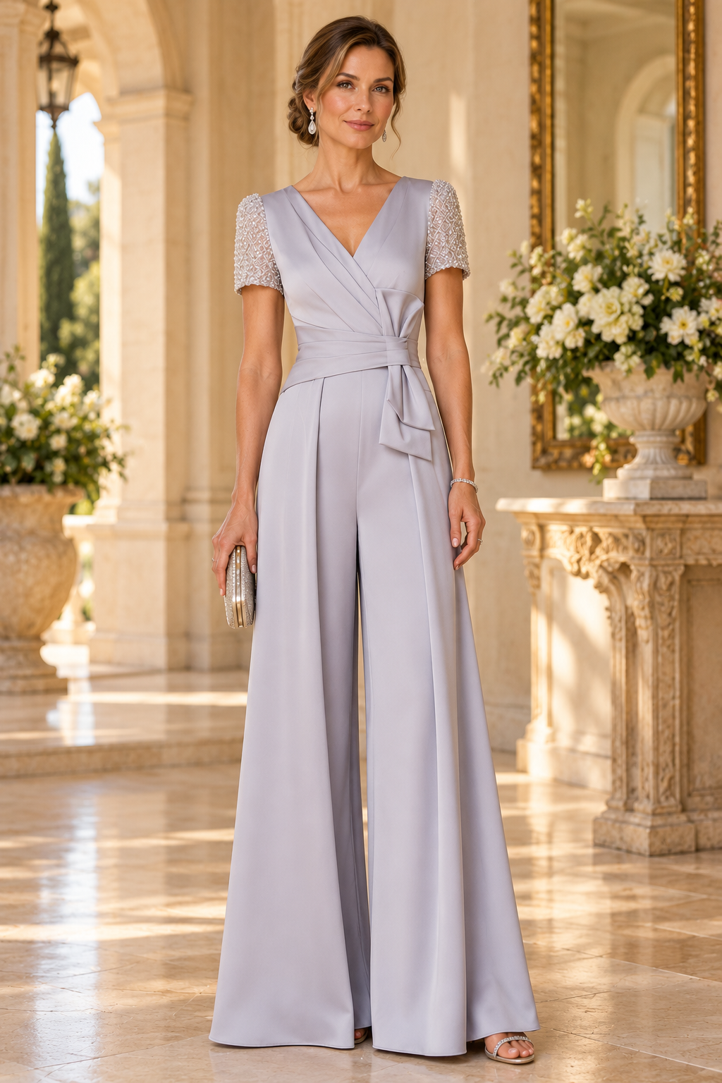 Beaded Short Sleeve Wide-Leg Formal Jumpsuit
