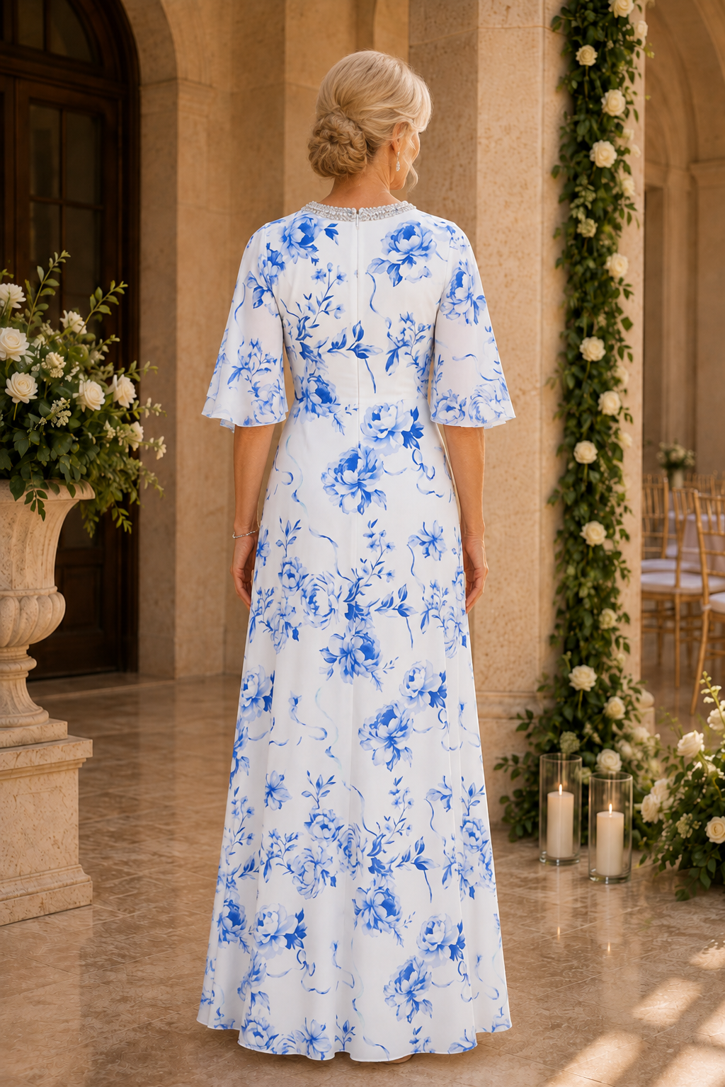 Florales A-Linien-Kleid mit Flügelärmeln und Perlenhals