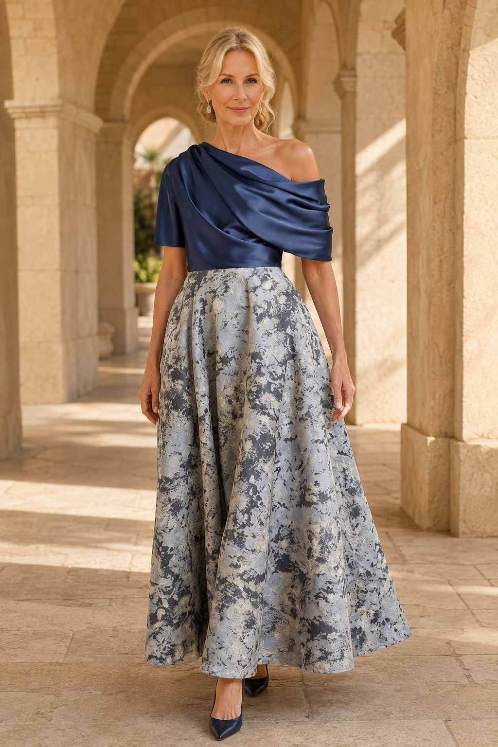 Etuikleid aus Satin-Jacquard mit drapiertem One-Shoulder-Träger